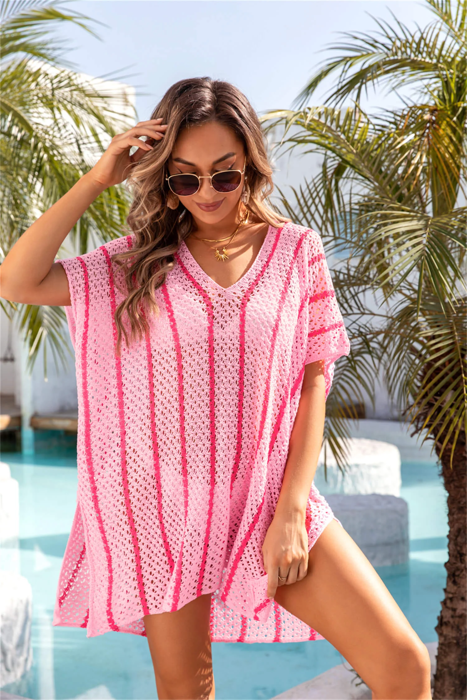 Edna Striped Cover Up Knit Sweater - Pink - Image 2