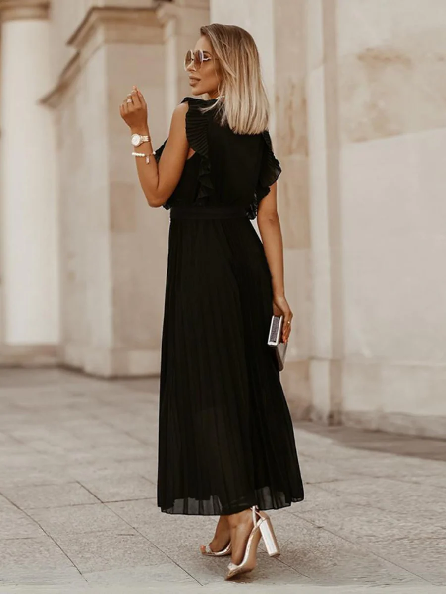Elisha Plisse Ruffle Shoulder Midi Dress - Black - Image 3