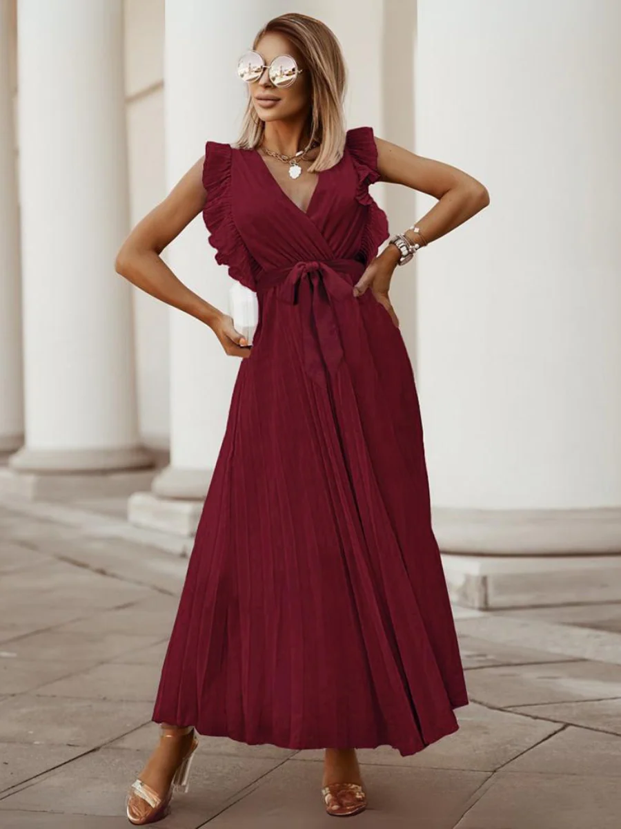 Elisha Plisse Ruffle Shoulder Midi Dress - Burgundy - Image 2