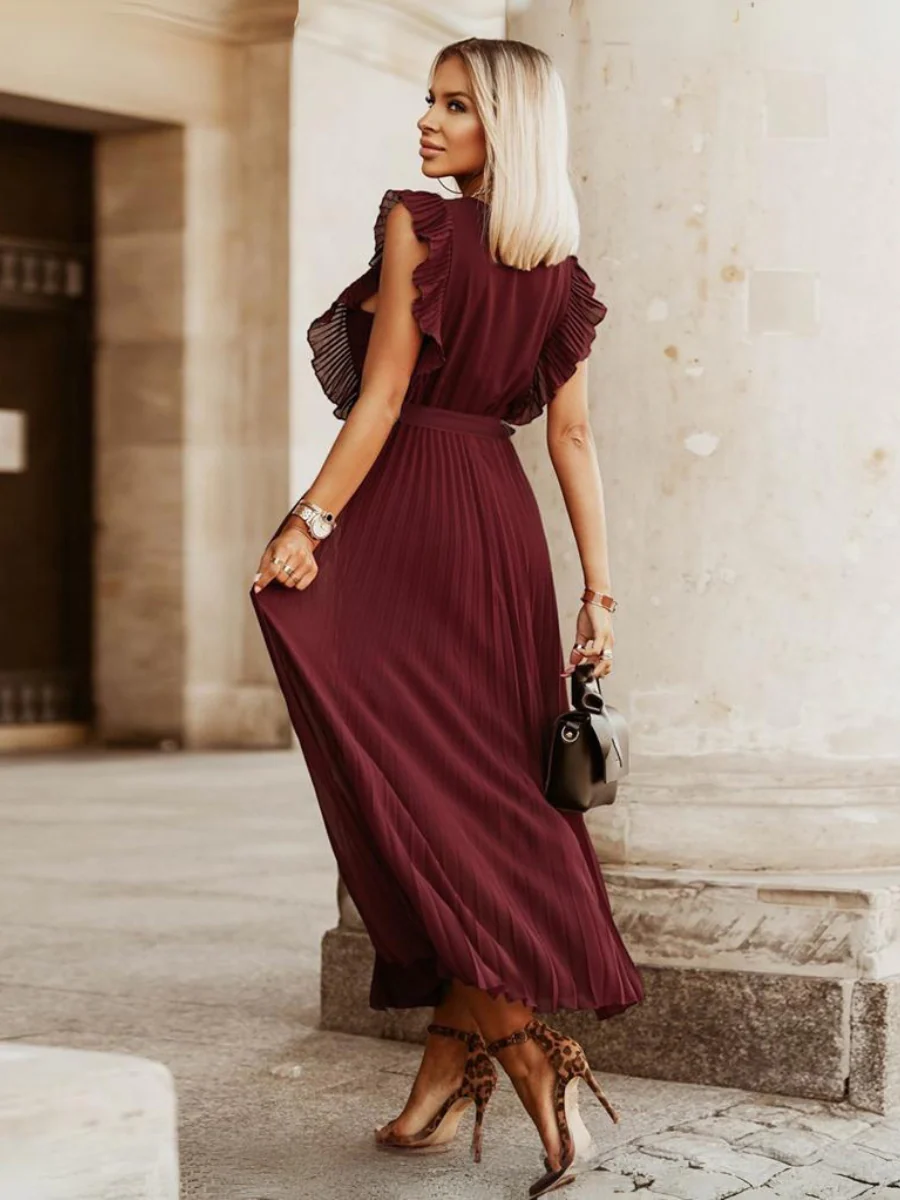 Elisha Plisse Ruffle Shoulder Midi Dress - Burgundy - Image 3