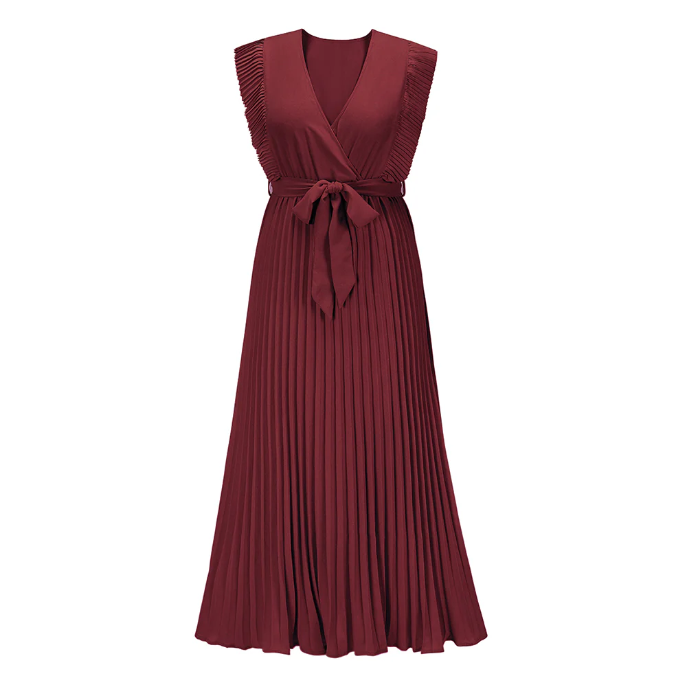 Elisha Plisse Ruffle Shoulder Midi Dress - Burgundy - Image 4