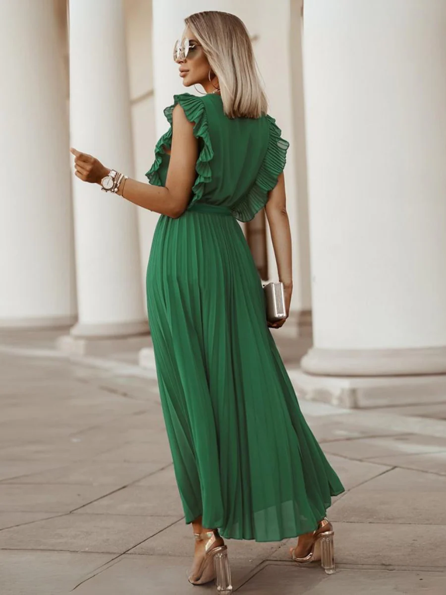 Elisha Plisse Ruffle Shoulder Midi Dress - Emerald - Image 2