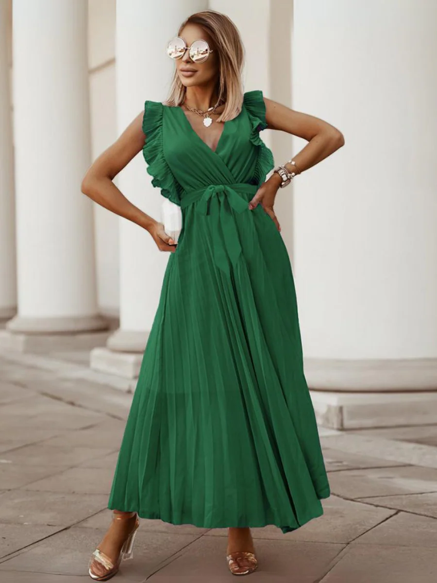 Elisha Plisse Ruffle Shoulder Midi Dress - Emerald - Image 3
