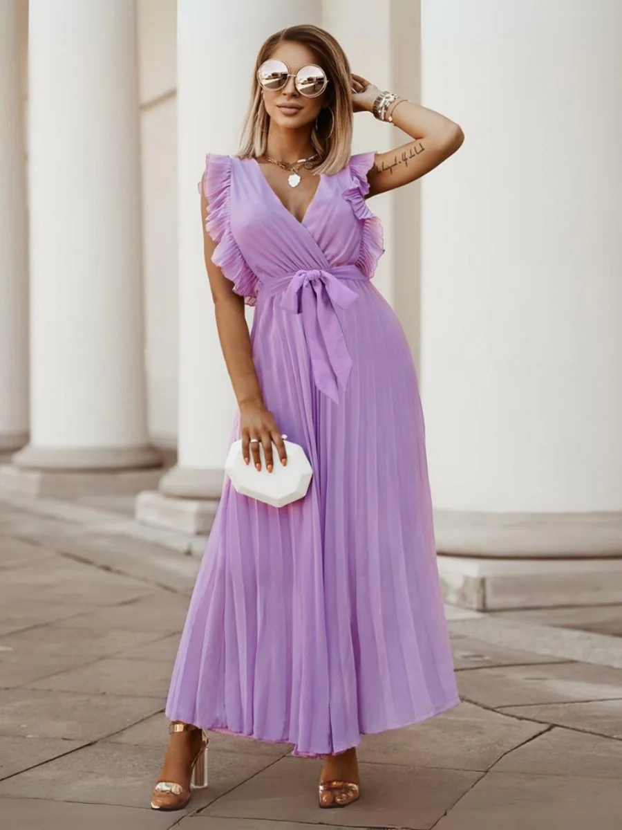 Elisha Plisse Ruffle Shoulder Midi Dress - Lilac - Image 2