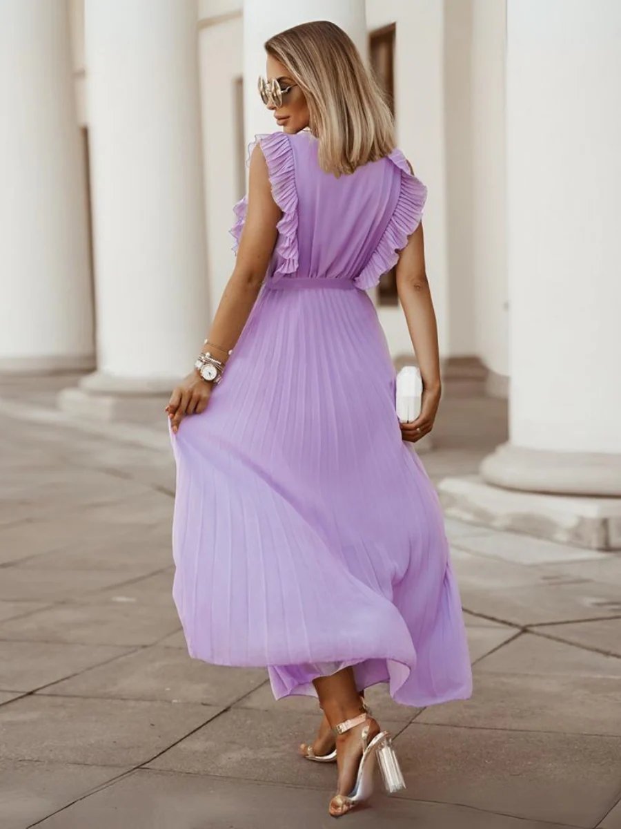 Elisha Plisse Ruffle Shoulder Midi Dress - Lilac - Image 3