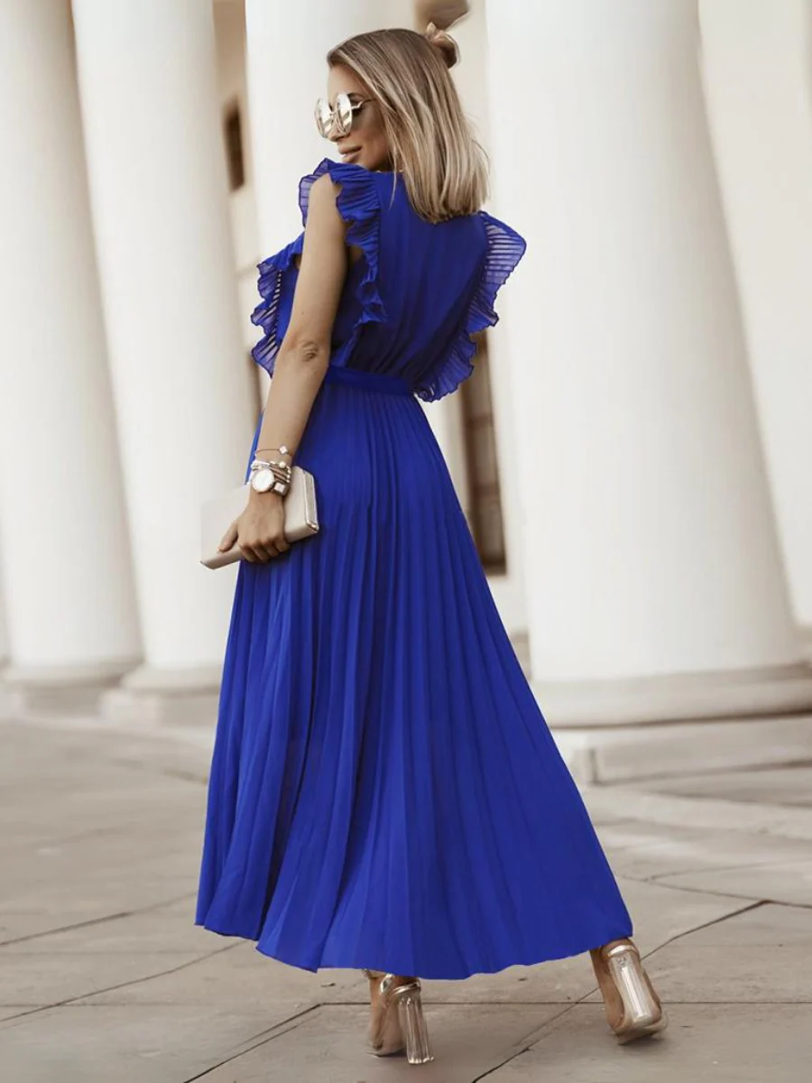 Elisha Plisse Ruffle Shoulder Midi Dress - Sapphire - Image 3