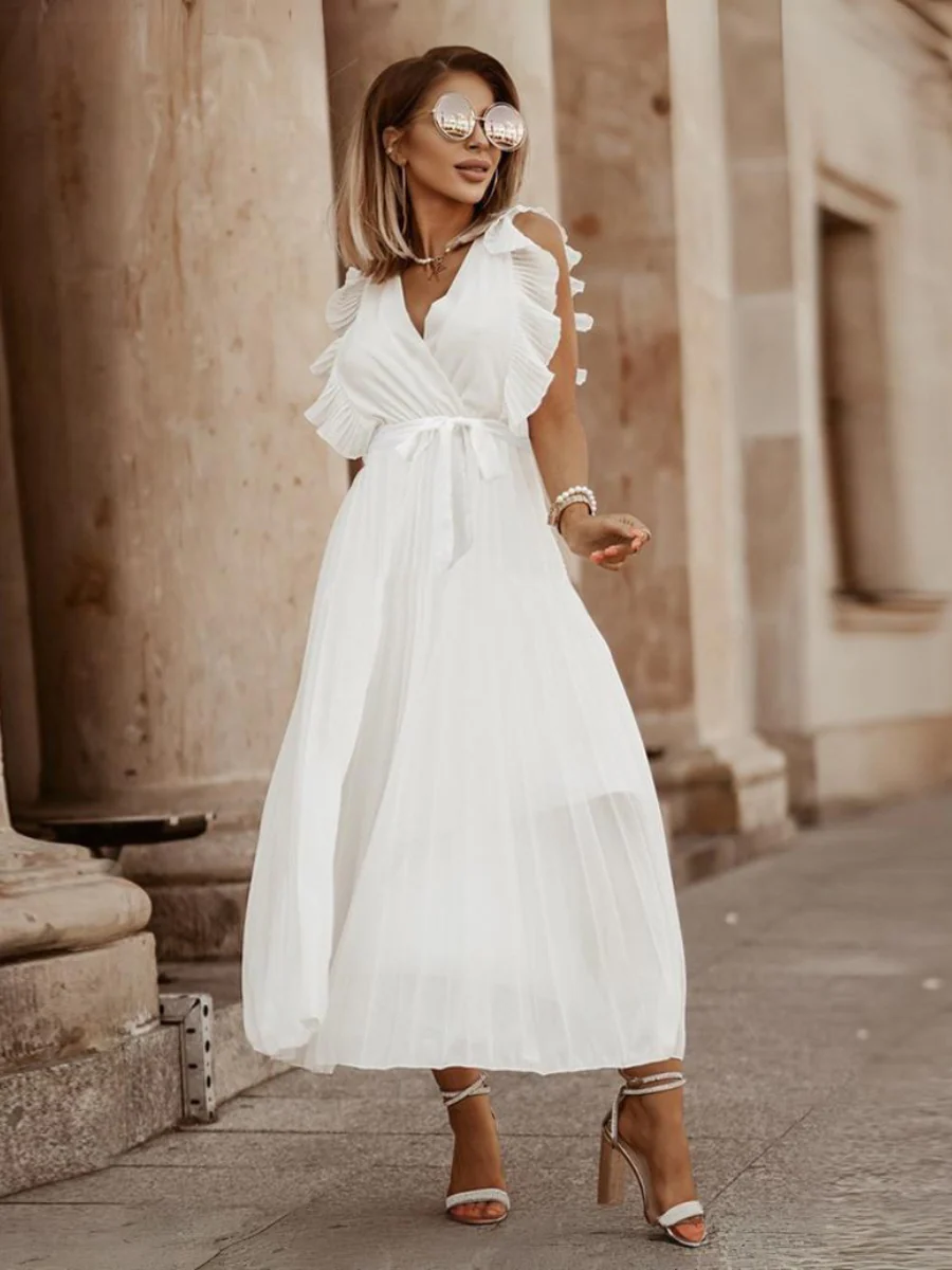 Elisha Plisse Ruffle Shoulder Midi Dress - White - Image 2