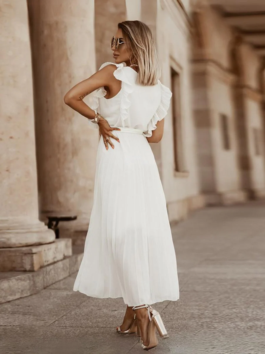 Elisha Plisse Ruffle Shoulder Midi Dress - White - Image 3