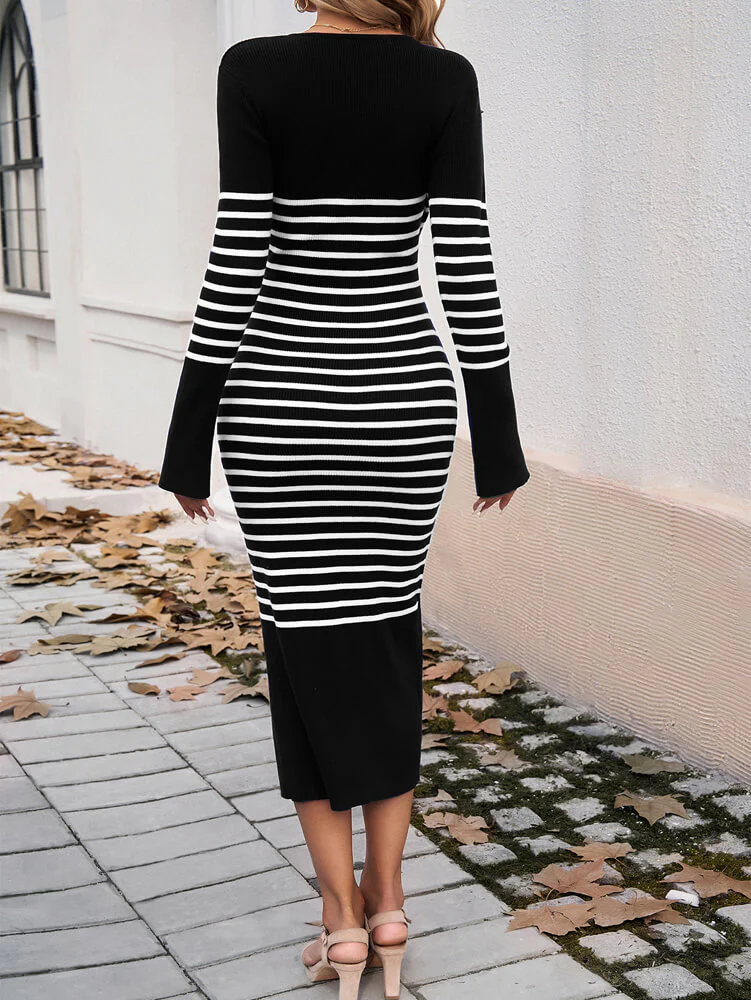 Eloise Striped Bodycon Sweater Midi Dress - Black - Image 6