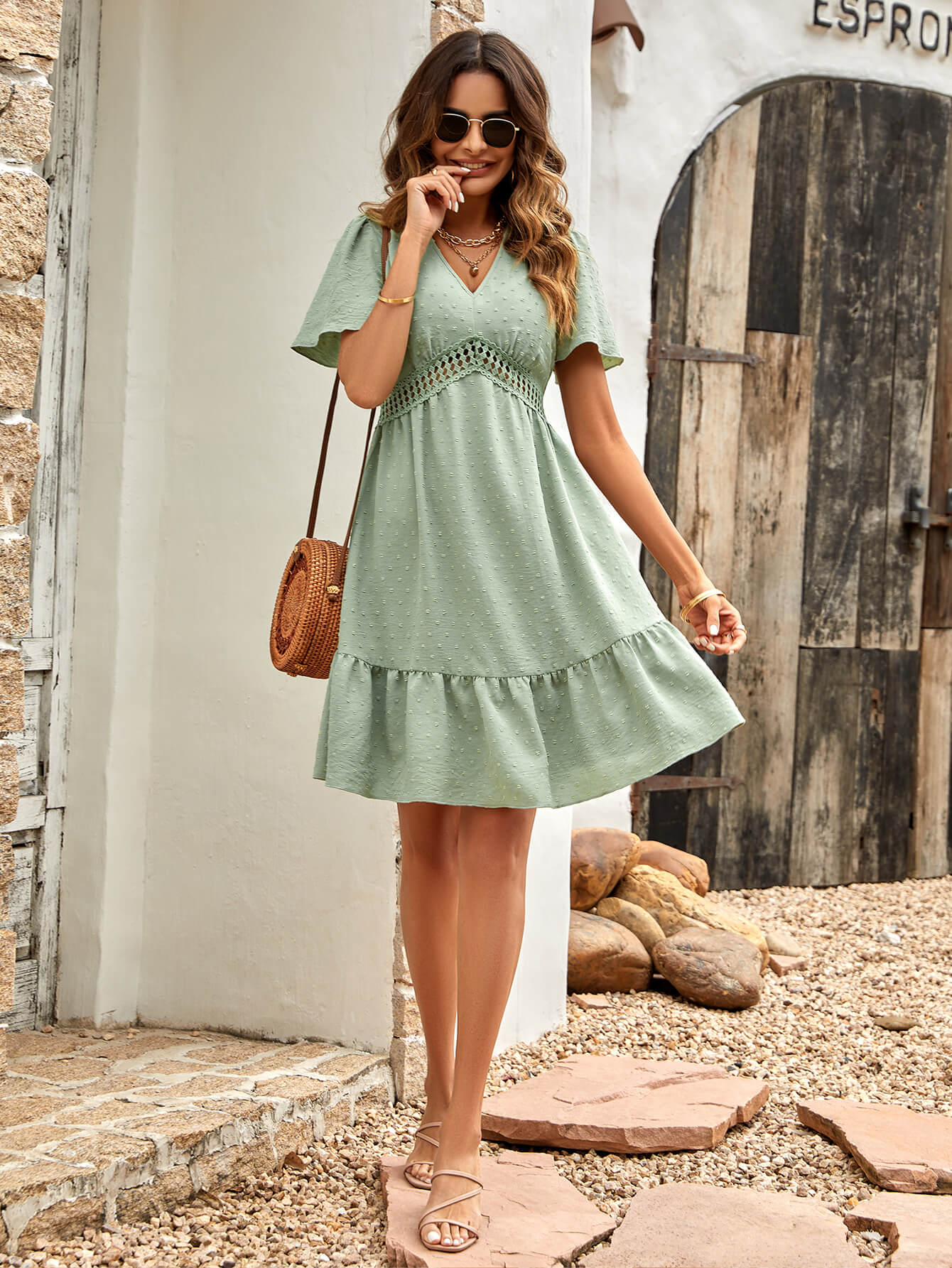 EMILIANA SHORT SLEEVE BABYDOLL MINI DRESS - SAGE - Image 2