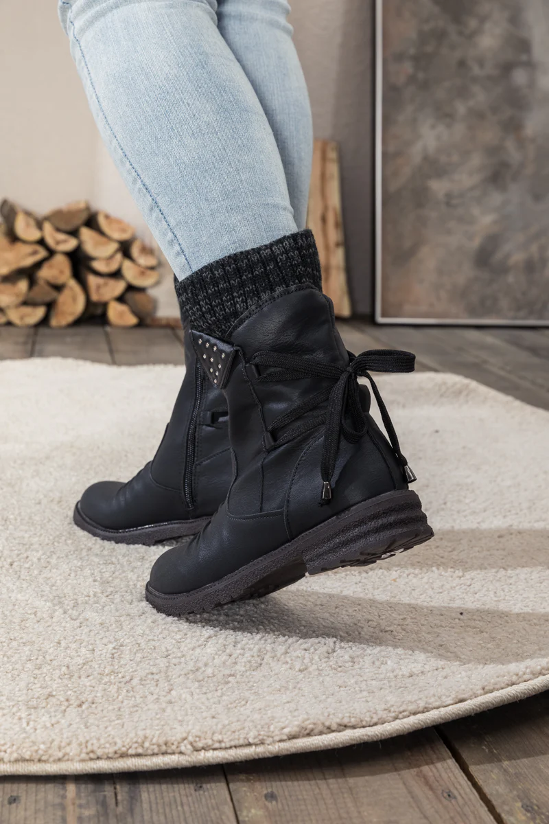 En Bloom | Black Ruched Back Tie-Accent Flat Comfy Combat Boots - Image 10