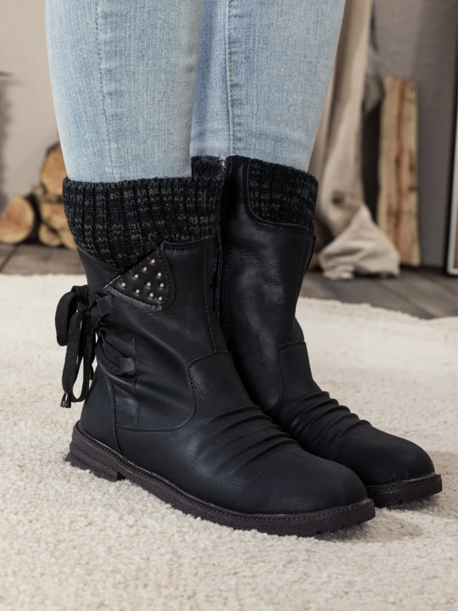 En Bloom | Black Ruched Back Tie-Accent Flat Comfy Combat Boots - Image 2
