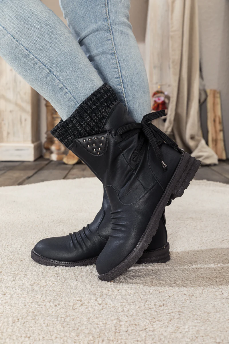 En Bloom | Black Ruched Back Tie-Accent Flat Comfy Combat Boots - Image 3