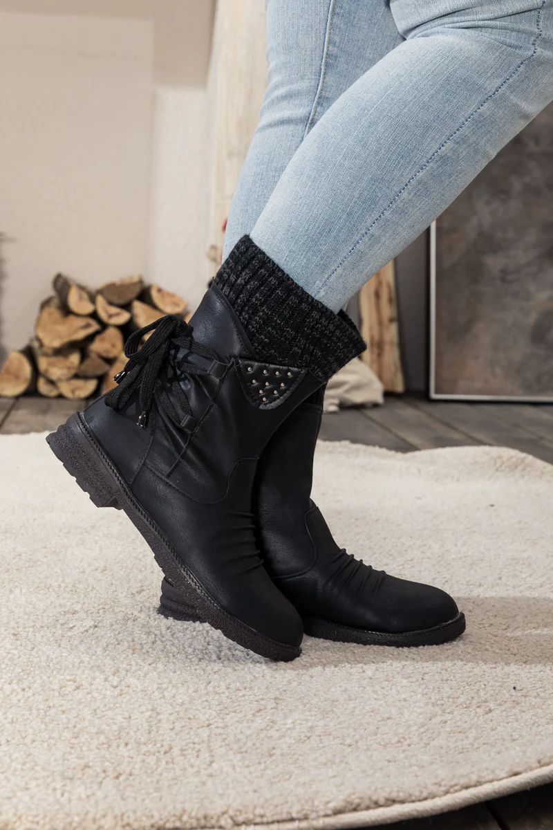 En Bloom | Black Ruched Back Tie-Accent Flat Comfy Combat Boots - Image 4