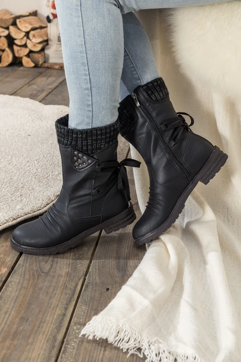 En Bloom | Black Ruched Back Tie-Accent Flat Comfy Combat Boots - Image 5