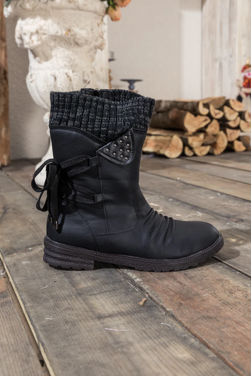 En Bloom | Black Ruched Back Tie-Accent Flat Comfy Combat Boots - Image 6