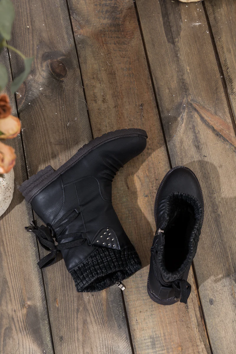 En Bloom | Black Ruched Back Tie-Accent Flat Comfy Combat Boots - Image 7
