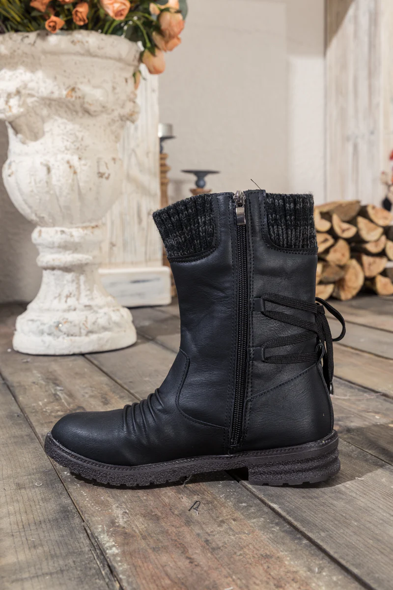 En Bloom | Black Ruched Back Tie-Accent Flat Comfy Combat Boots - Image 8