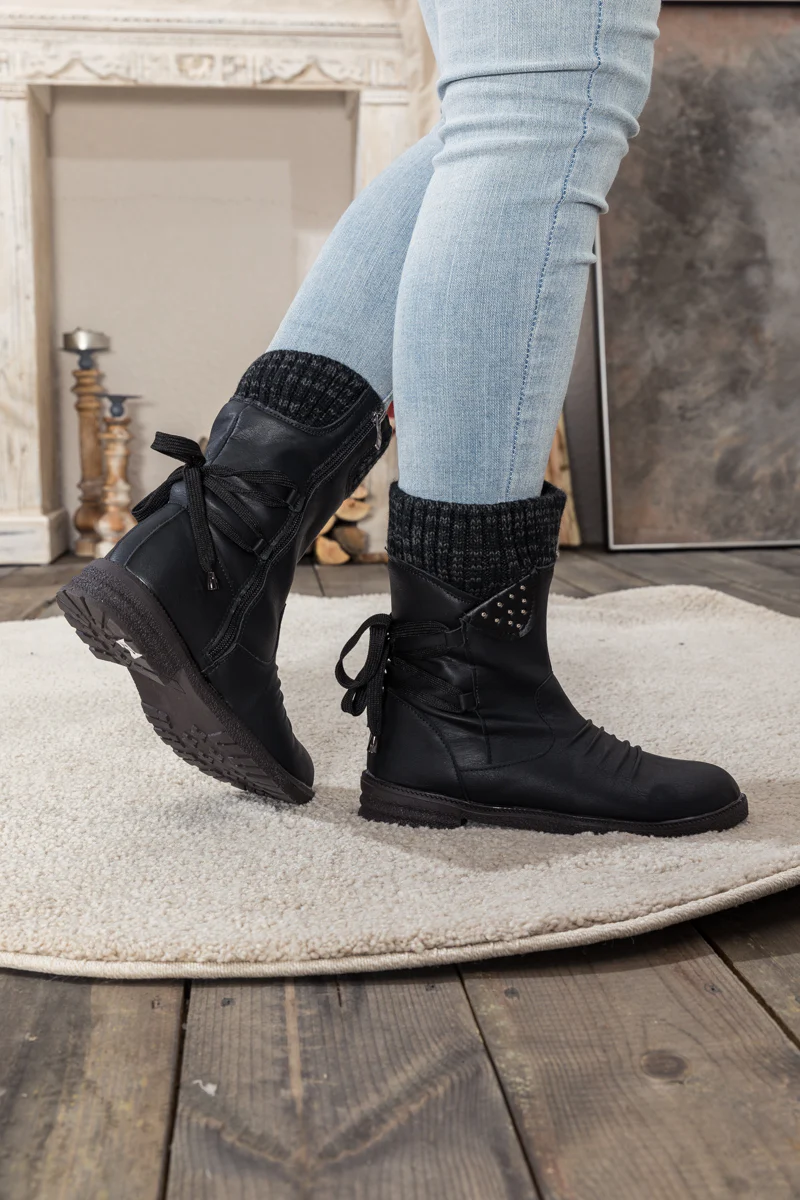 En Bloom | Black Ruched Back Tie-Accent Flat Comfy Combat Boots - Image 9