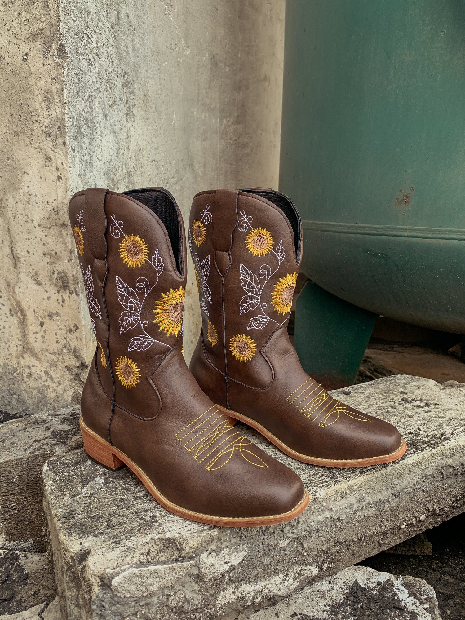 En Bloom | Brown Sunflower Embroidered Cowboy Knee Boots - Image 10