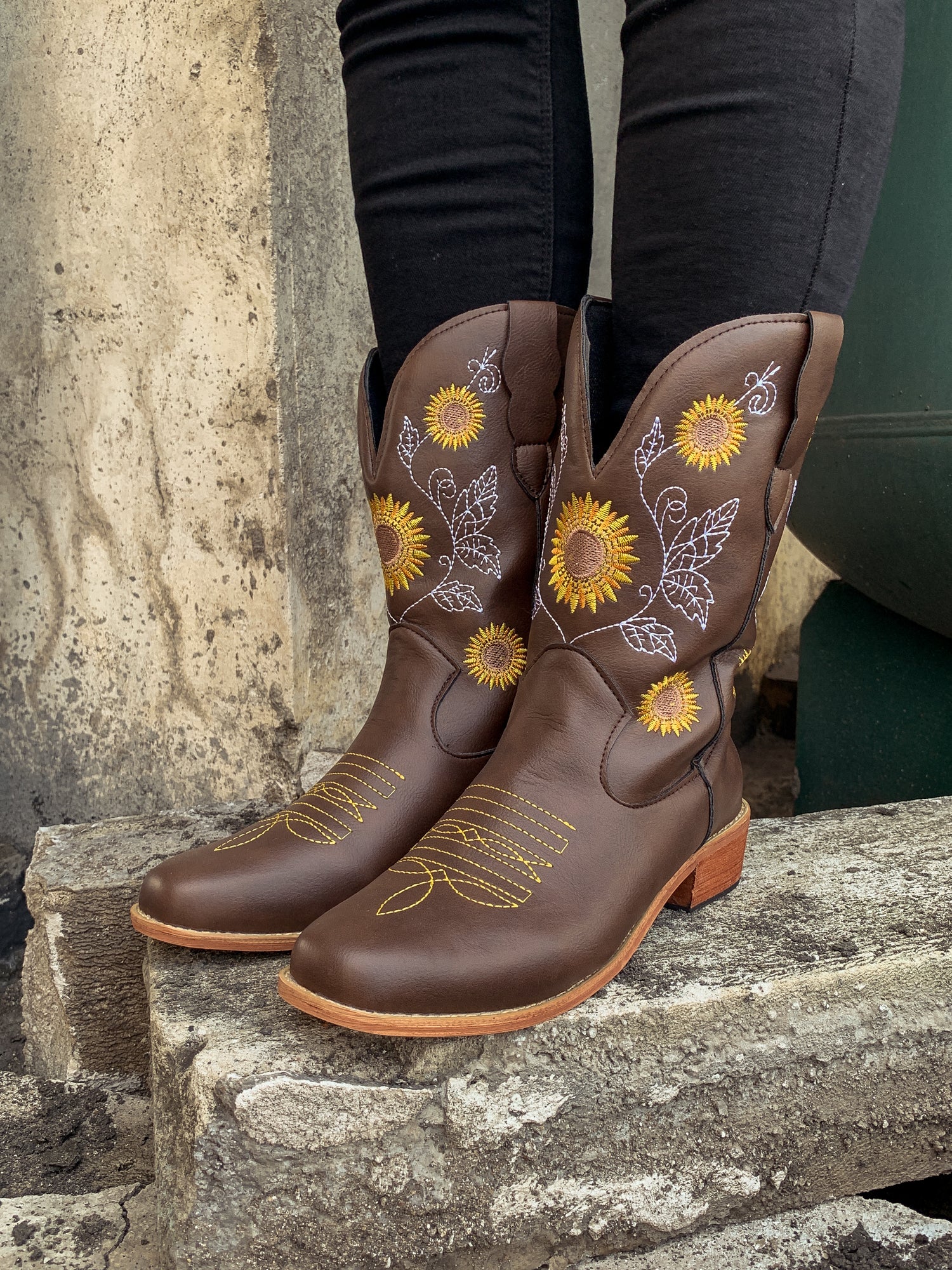 En Bloom | Brown Sunflower Embroidered Cowboy Knee Boots - Image 2
