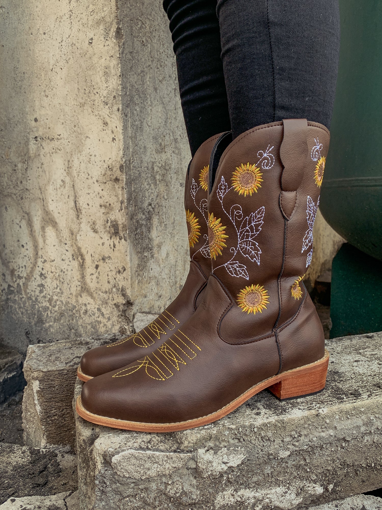 En Bloom | Brown Sunflower Embroidered Cowboy Knee Boots - Image 3