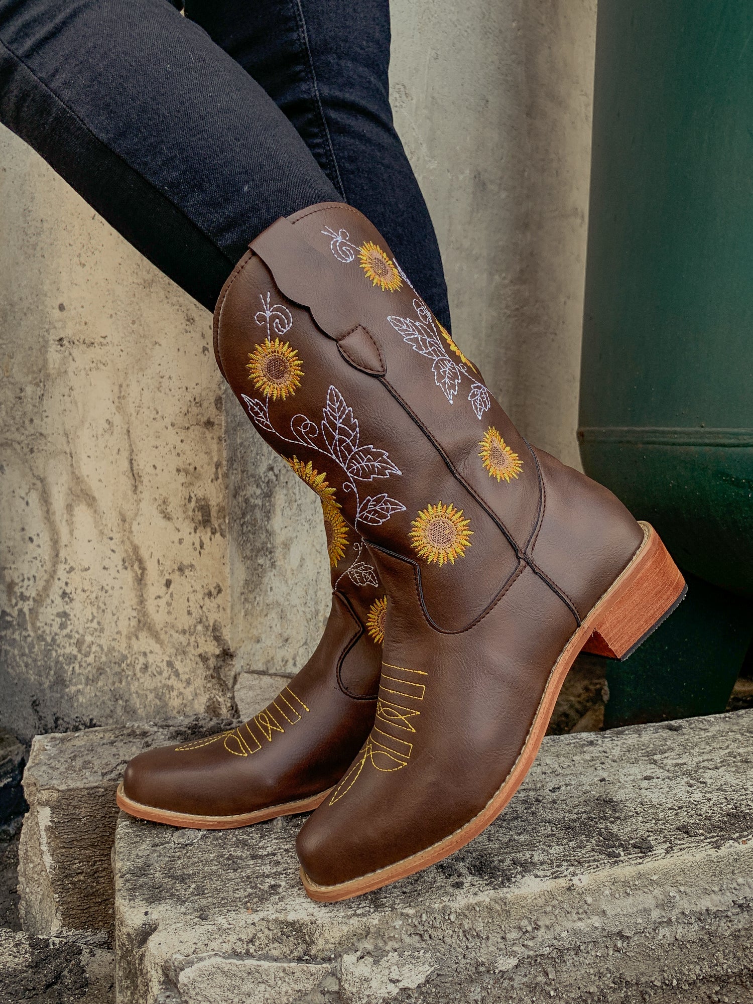 En Bloom | Brown Sunflower Embroidered Cowboy Knee Boots - Image 4
