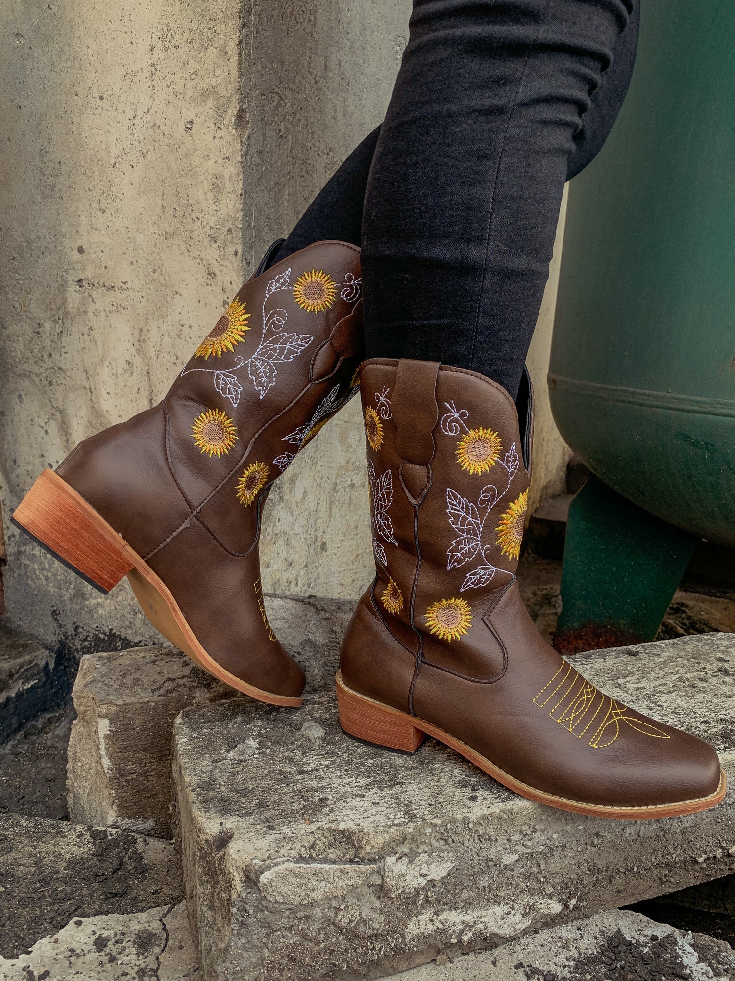 En Bloom | Brown Sunflower Embroidered Cowboy Knee Boots - Image 6
