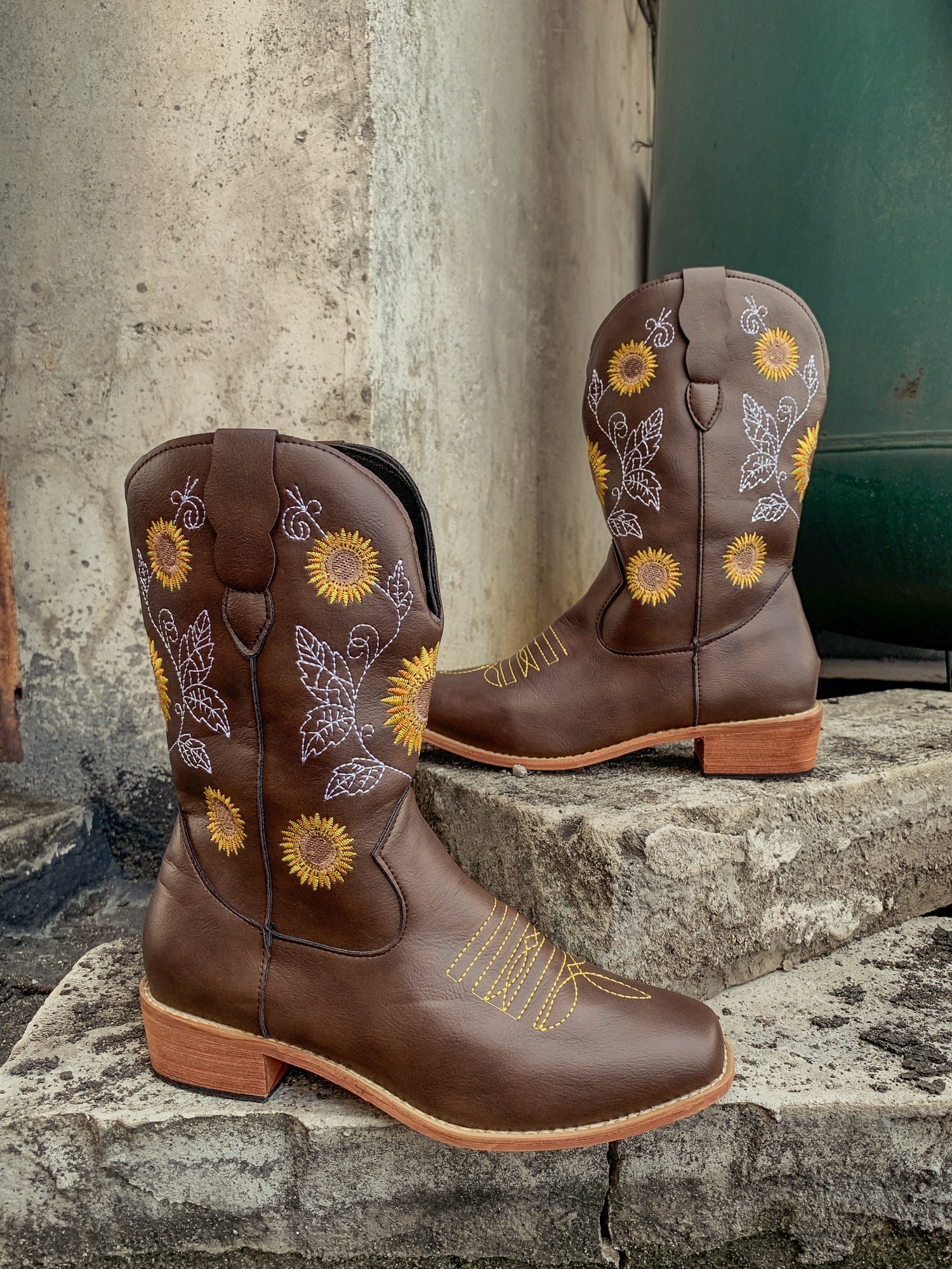 En Bloom | Brown Sunflower Embroidered Cowboy Knee Boots - Image 7