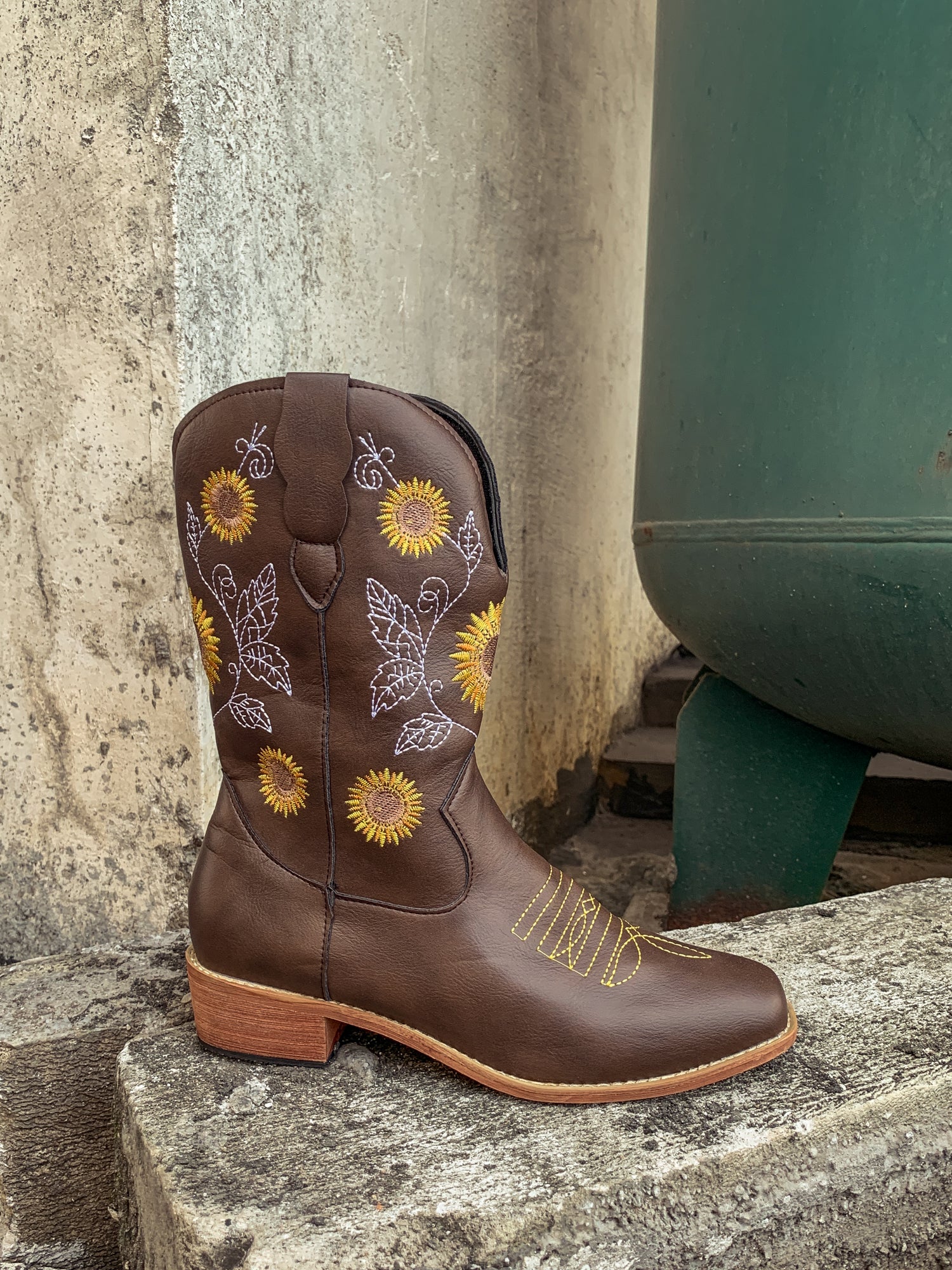 En Bloom | Brown Sunflower Embroidered Cowboy Knee Boots - Image 8