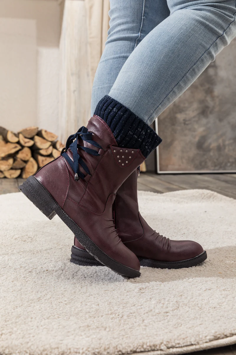 En Bloom | Burgundy Ruched Back Tie-Accent Combat Boot - Image 10