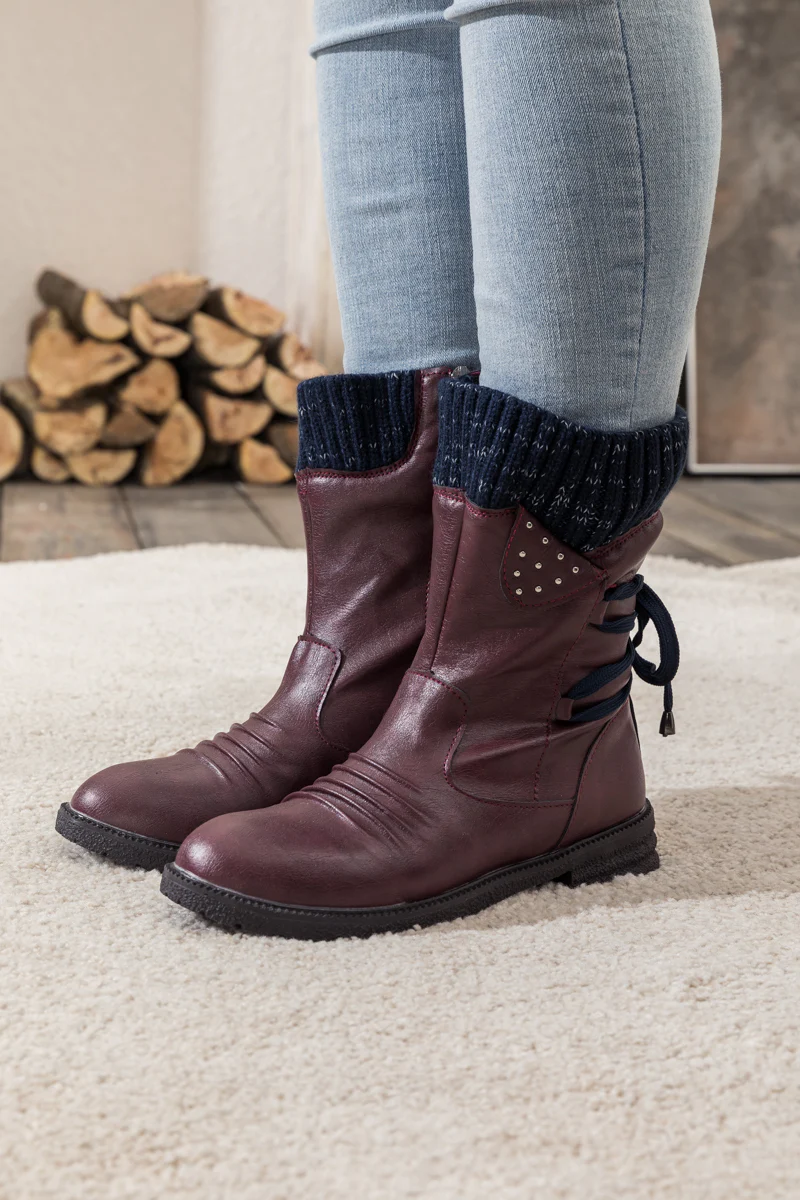 En Bloom | Burgundy Ruched Back Tie-Accent Combat Boot - Image 2