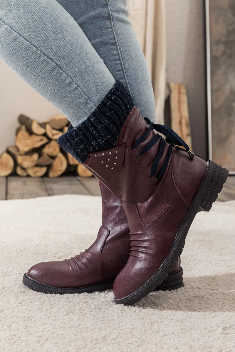 En Bloom | Burgundy Ruched Back Tie-Accent Combat Boot - Image 3