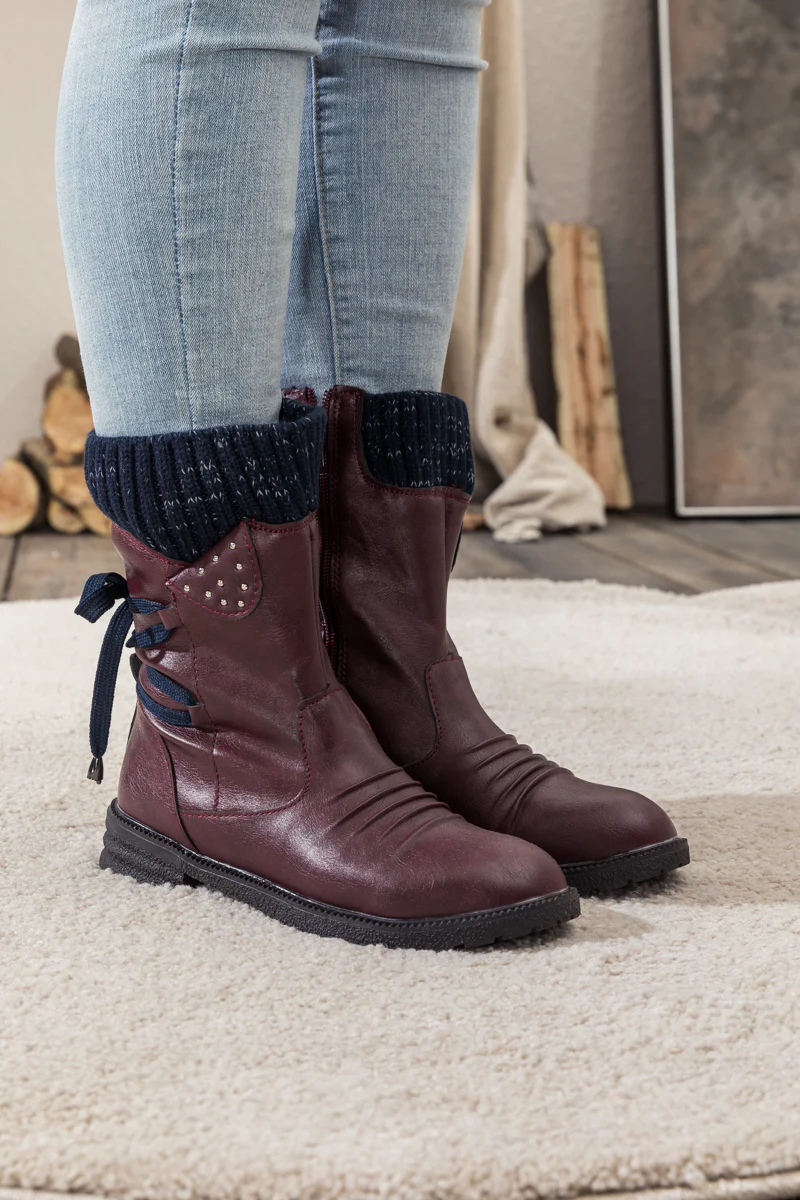 En Bloom | Burgundy Ruched Back Tie-Accent Combat Boot - Image 4