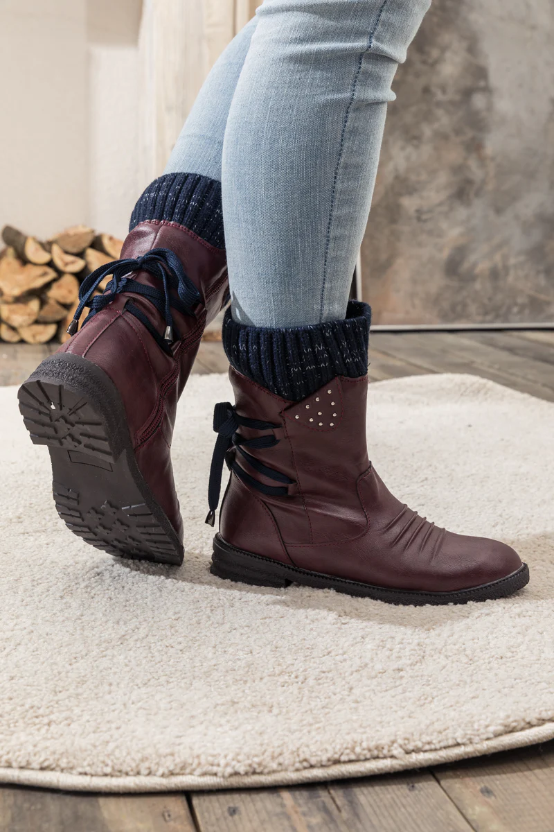 En Bloom | Burgundy Ruched Back Tie-Accent Combat Boot - Image 5