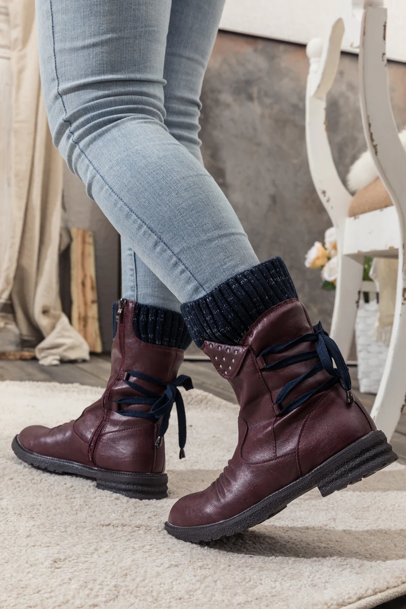 En Bloom | Burgundy Ruched Back Tie-Accent Combat Boot - Image 6