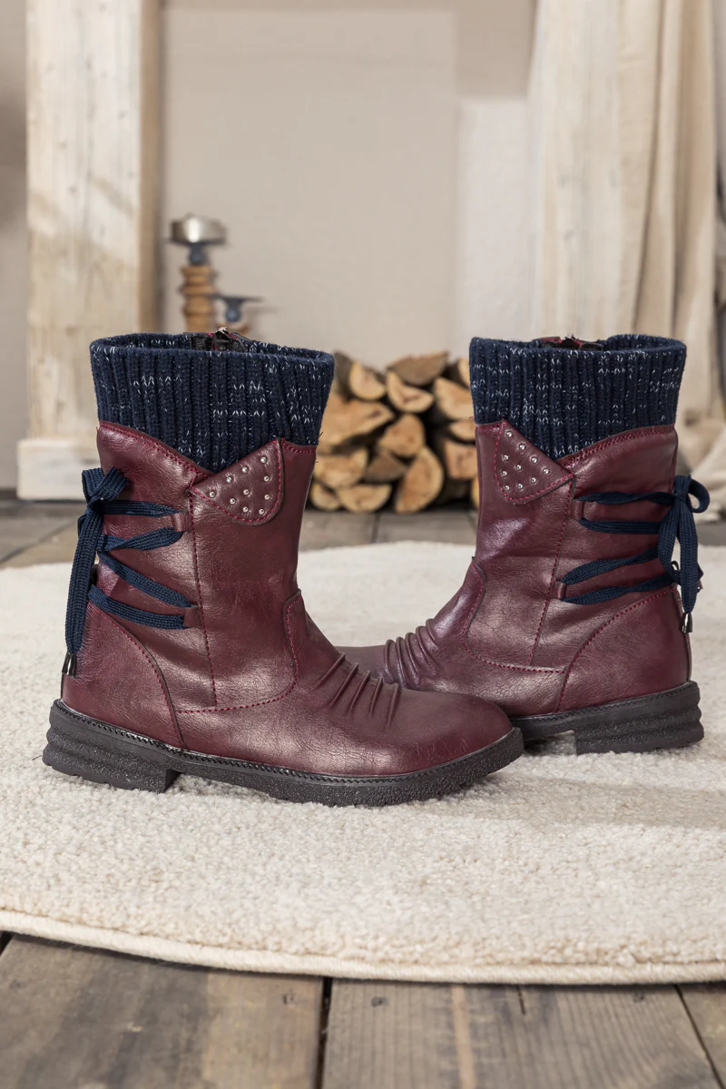 En Bloom | Burgundy Ruched Back Tie-Accent Combat Boot - Image 7