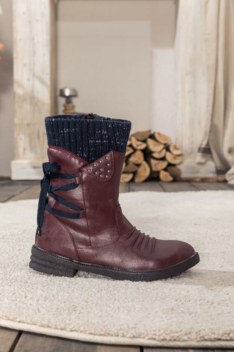 En Bloom | Burgundy Ruched Back Tie-Accent Combat Boot - Image 8