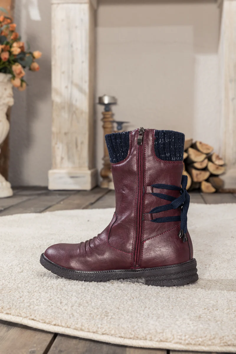 En Bloom | Burgundy Ruched Back Tie-Accent Combat Boot - Image 9