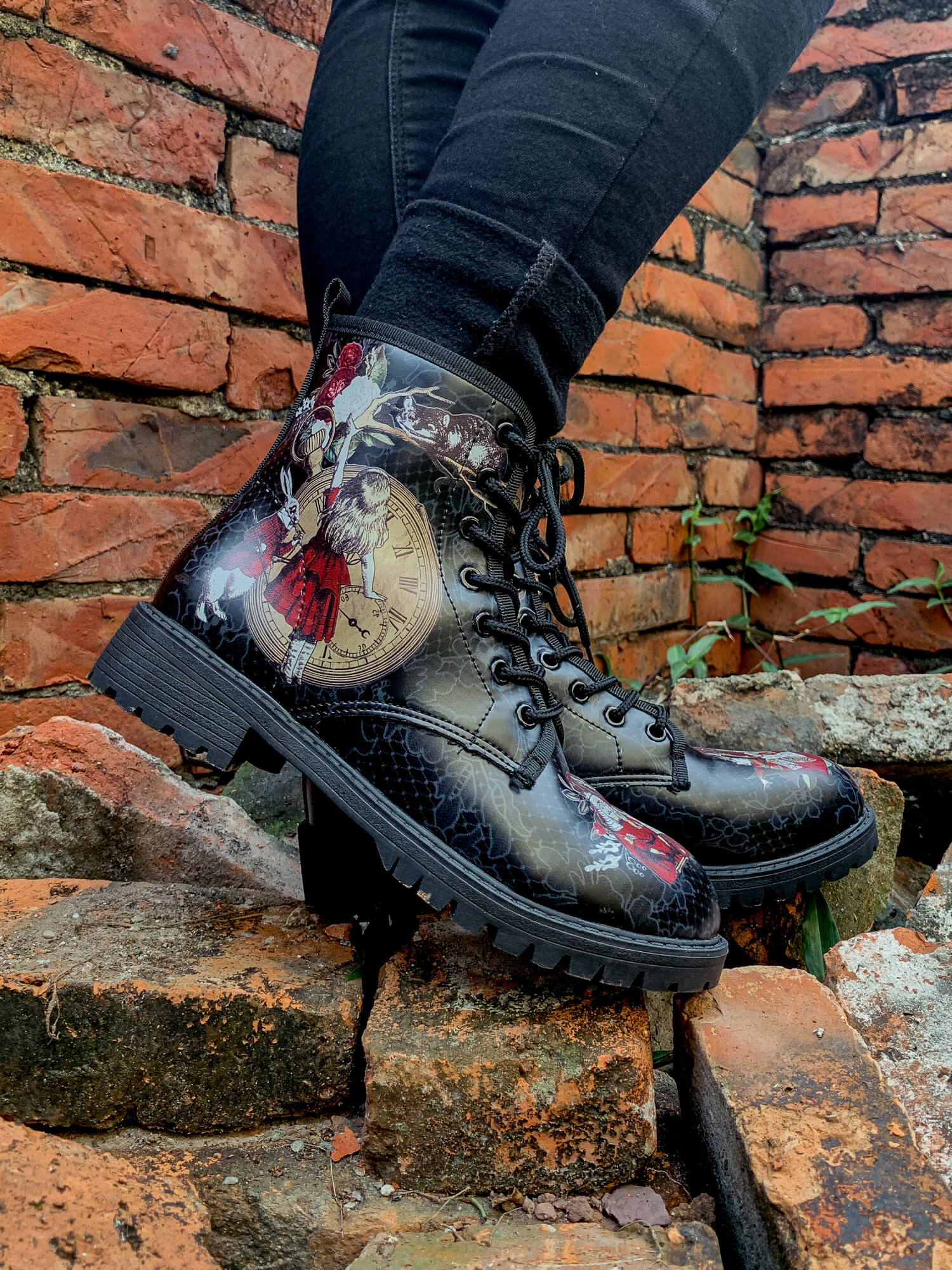 En Bloom | Fairy Tale Princess Lace-Up Ankle Flat Combat Boots - Black - Image 2