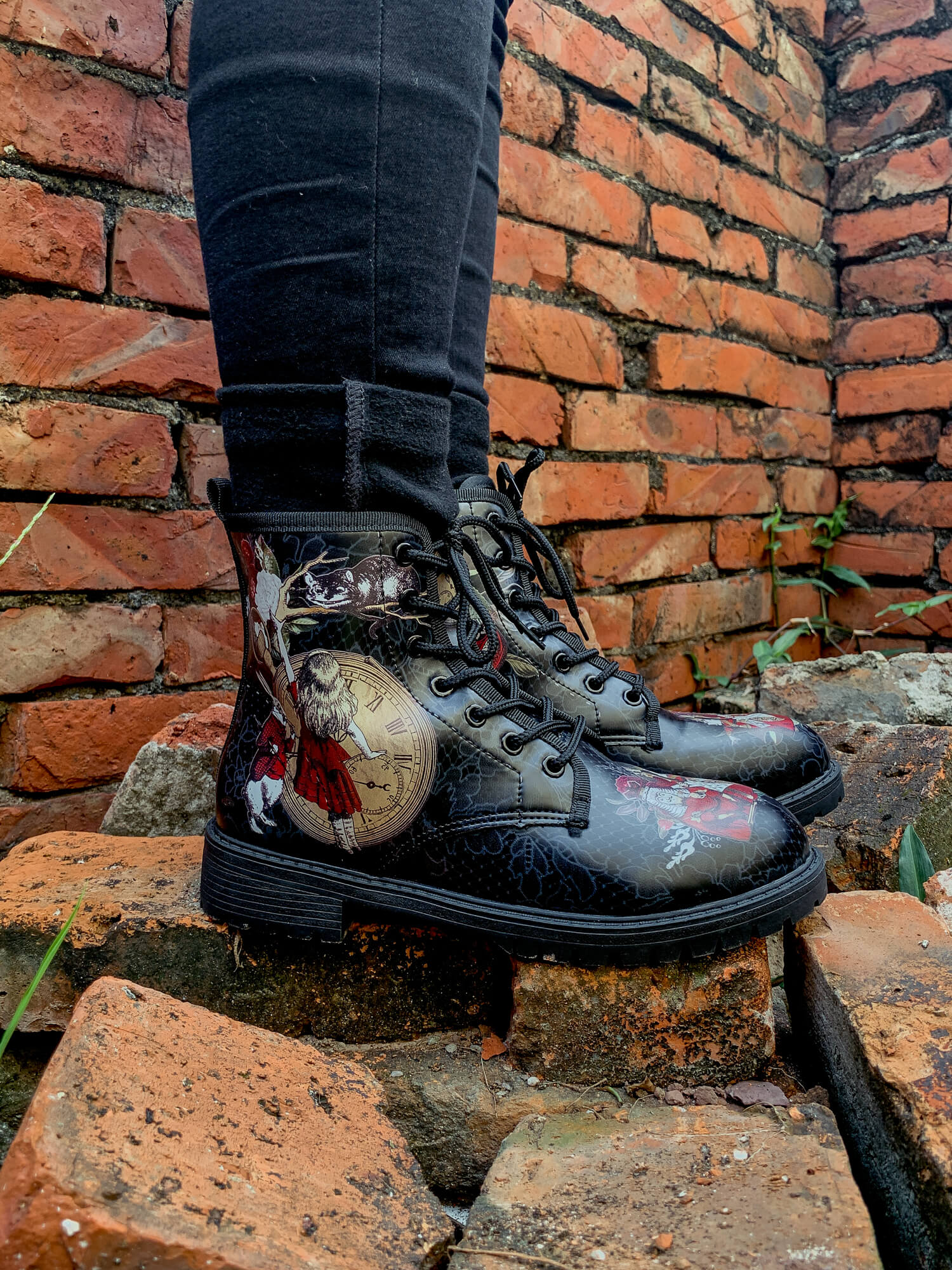 En Bloom | Fairy Tale Princess Lace-Up Ankle Flat Combat Boots - Black - Image 3