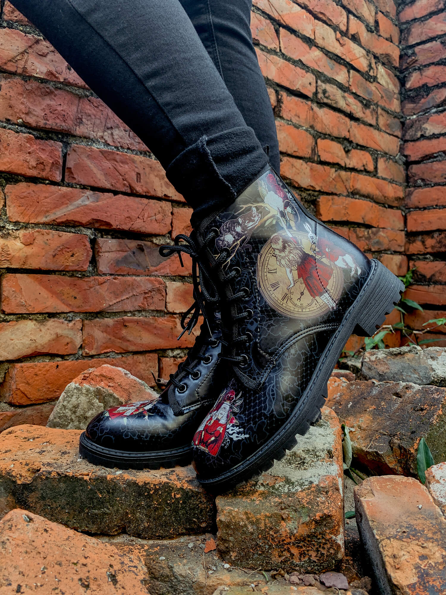 En Bloom | Fairy Tale Princess Lace-Up Ankle Flat Combat Boots - Black - Image 4