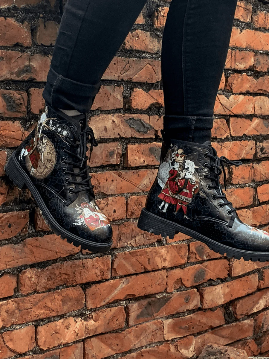 En Bloom | Fairy Tale Princess Lace-Up Ankle Flat Combat Boots - Black - Image 5