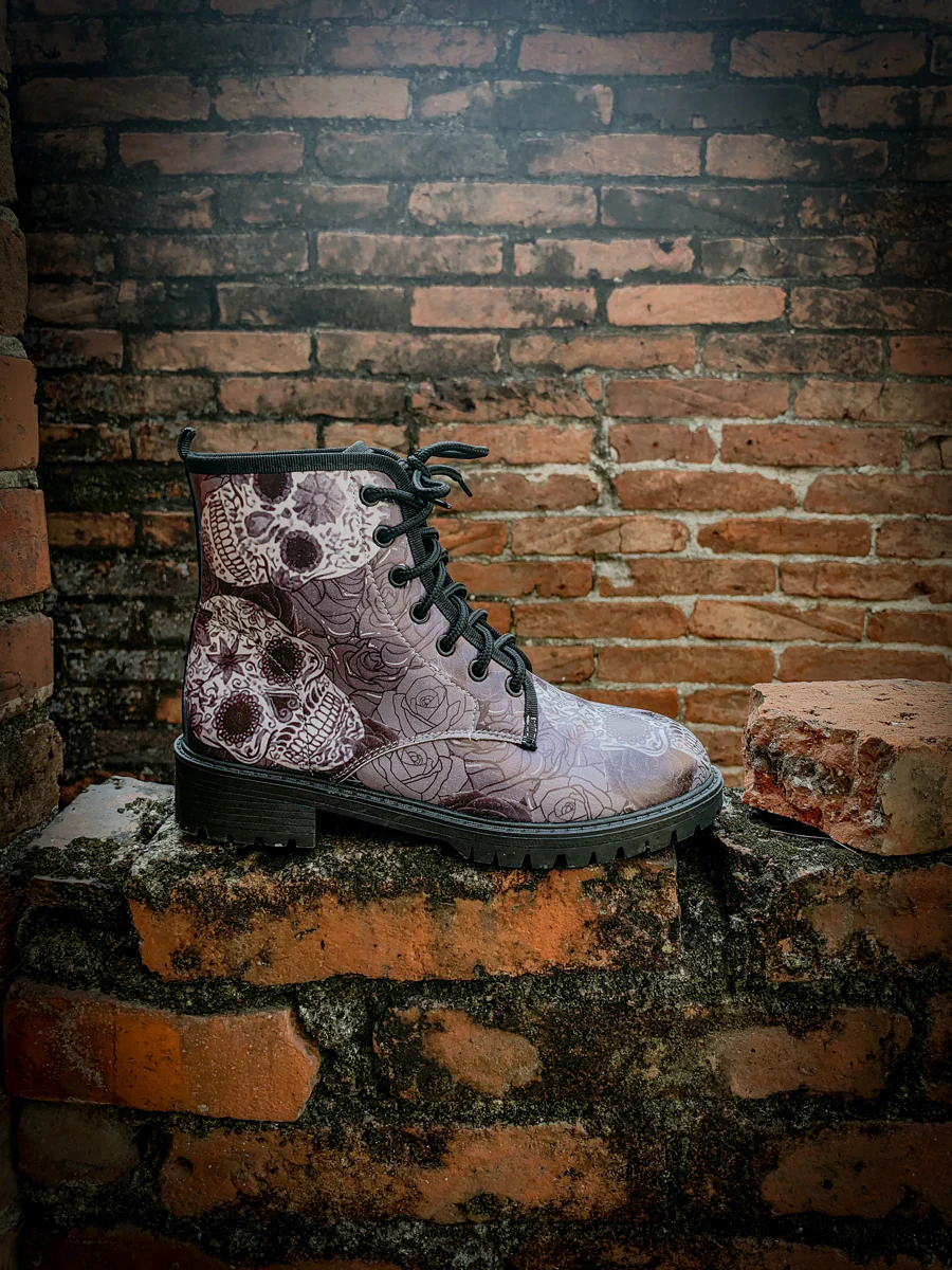 En Bloom | Grey Skull Rose Ankle Flat Combat Boots - Image 4