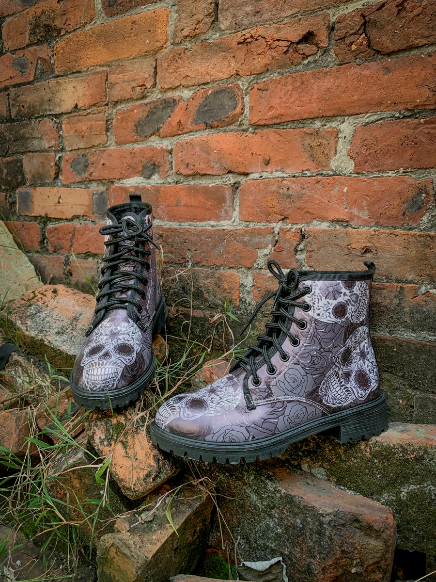 En Bloom | Grey Skull Rose Ankle Flat Combat Boots - Image 9