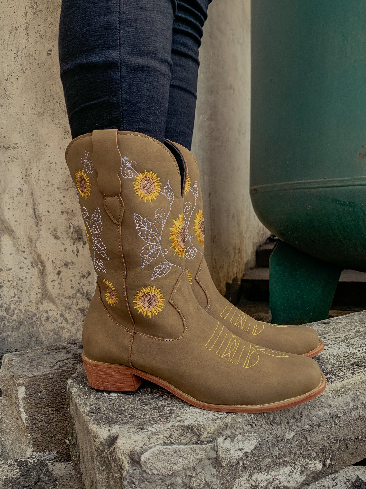 En Bloom | Khaki Sunflower Embroidered Knee Cowboy Boots - Image 2