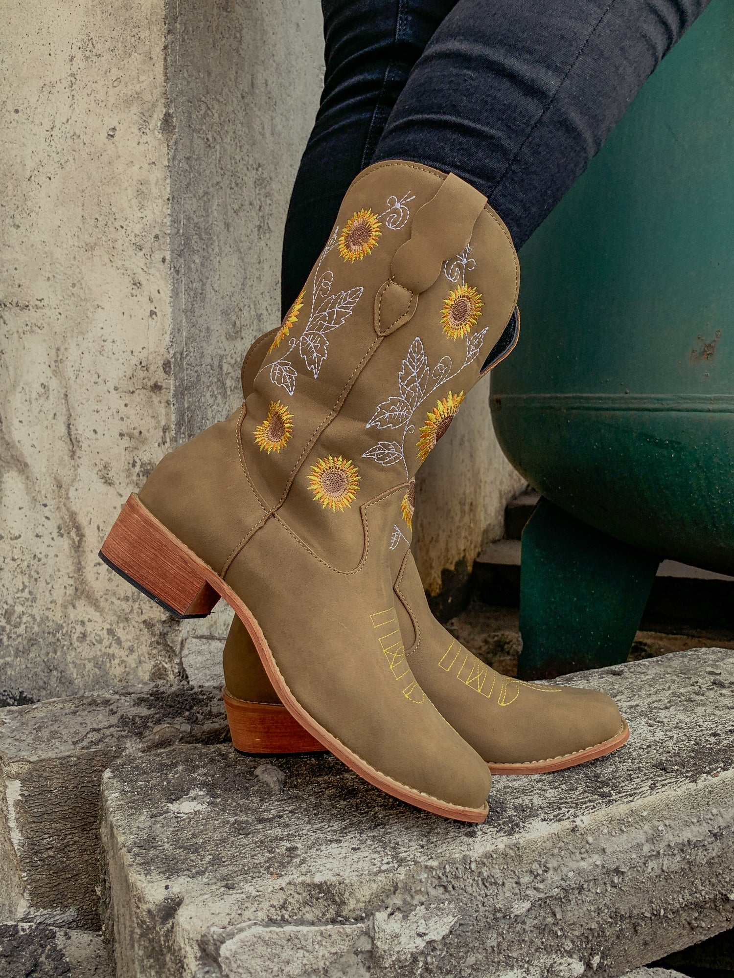 En Bloom | Khaki Sunflower Embroidered Knee Cowboy Boots - Image 3