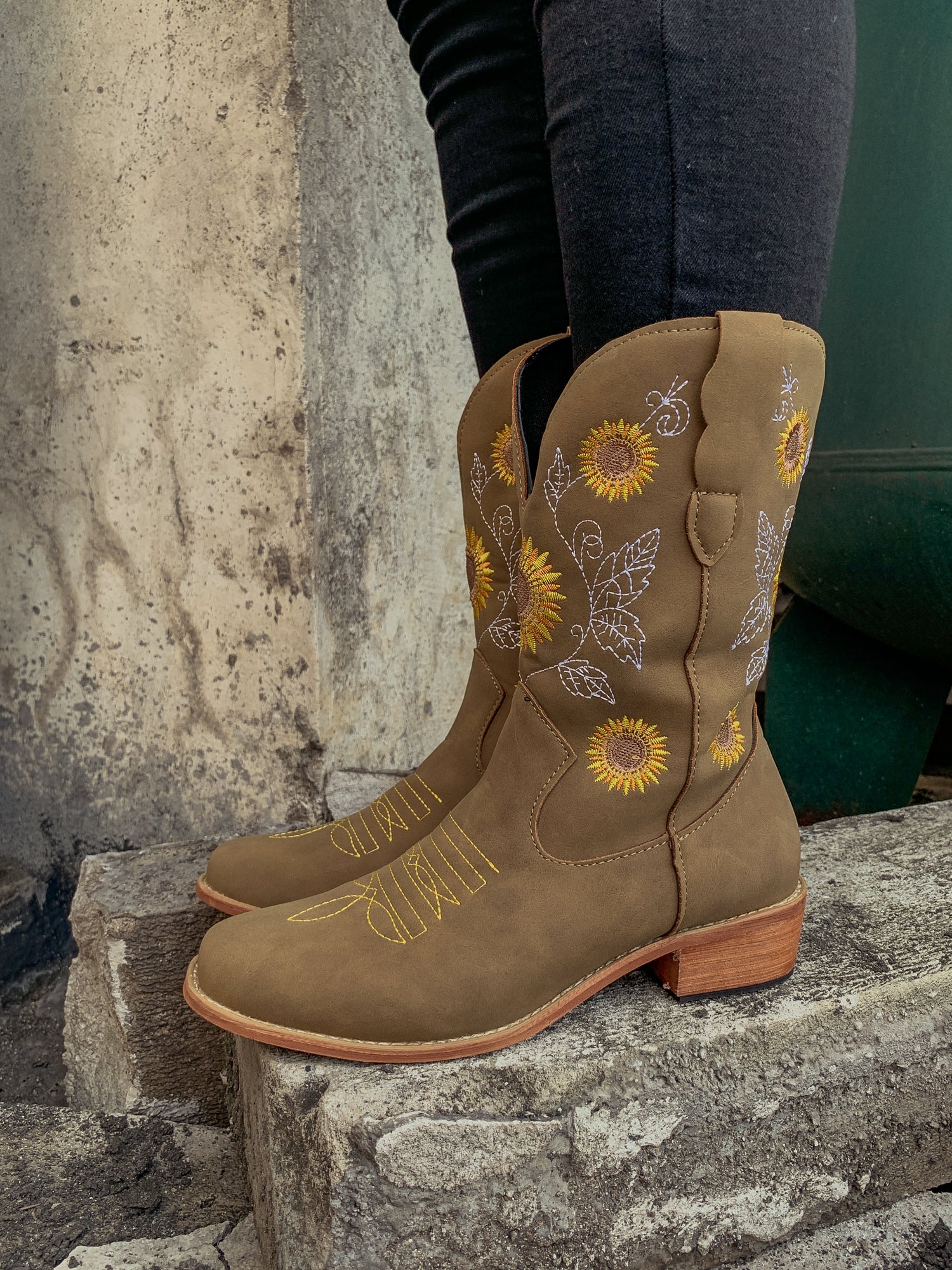 En Bloom | Khaki Sunflower Embroidered Knee Cowboy Boots - Image 4