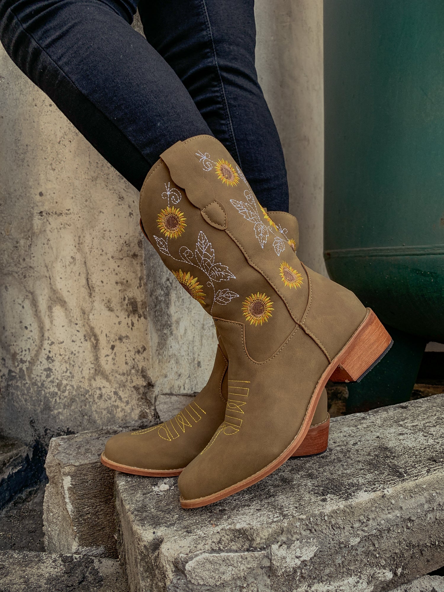 En Bloom | Khaki Sunflower Embroidered Knee Cowboy Boots - Image 5