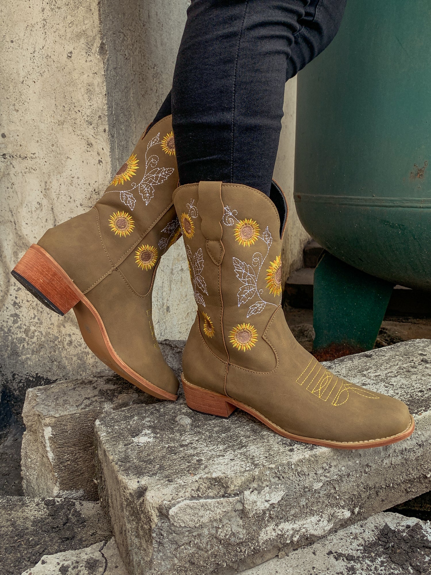 En Bloom | Khaki Sunflower Embroidered Knee Cowboy Boots - Image 6
